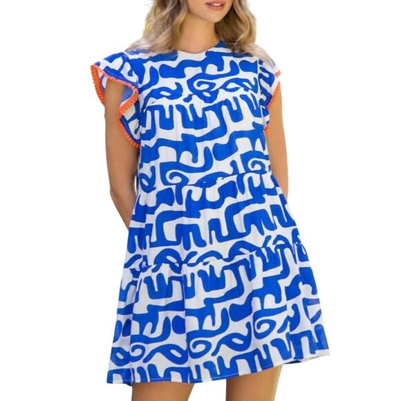 THML Dresses & Skirts - THML S Blue White Geometric Summer Tiered Short Dress Resortwear